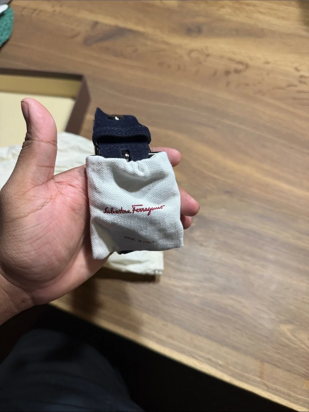 Salvatore Ferragamo Navy Suede Belt with Silver Buckle